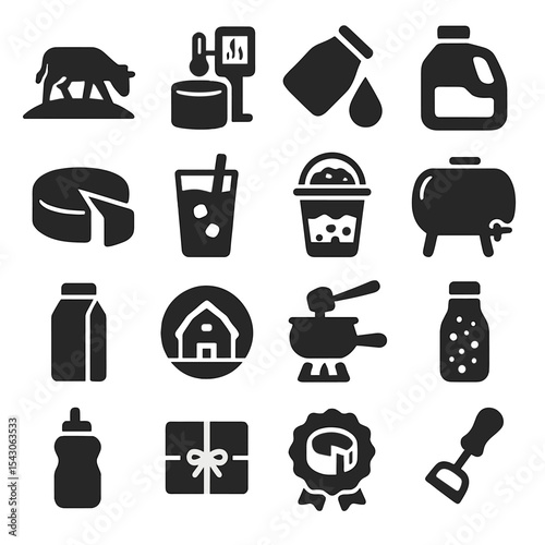 Dairy Icon Collection. Solid style icons of dairy and milk: cow grazing on hill, dairy pasteurization icon, milk drip from bottle,