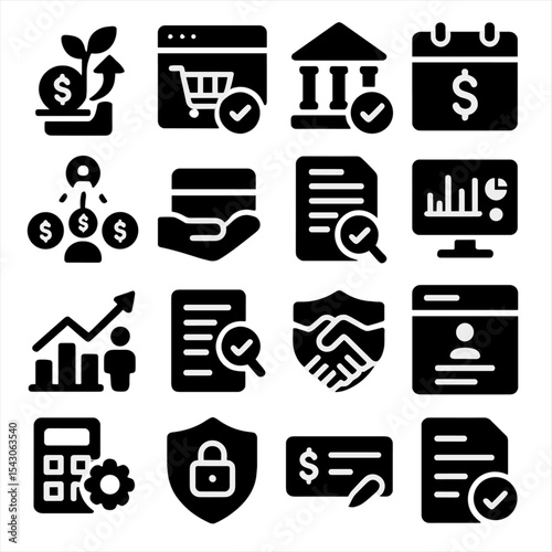 Finance Icon Set. Solid style icons of business and finance: investment progress icon, e-commerce transaction record, bank funds