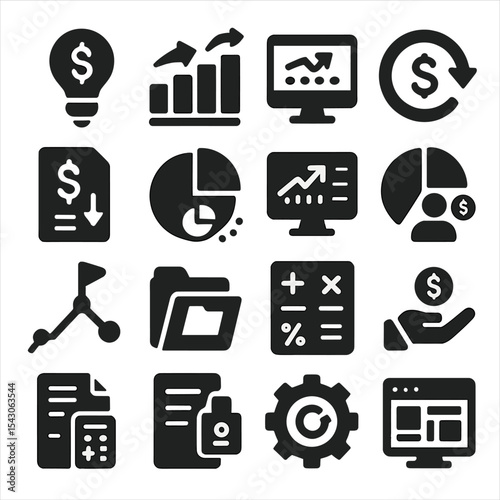 Business Icon Set. Solid style icons of business and finance: financial opportunity lightbulb, business merger chart, online