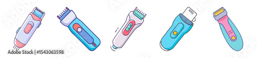 Collection of Cartoon Hair Clippers and Trimmers on a White Background