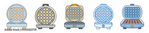 Diverse waffle makers arrayed against a white background, illustrating breakfast possibilities