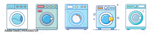Collection of five washing machine icons in a flat vector style