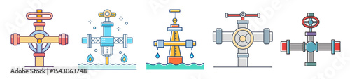 Set of vector illustrations with an industrial pipe with a valve