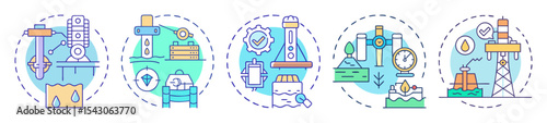 Various stages in the oil extraction process, from drilling to production