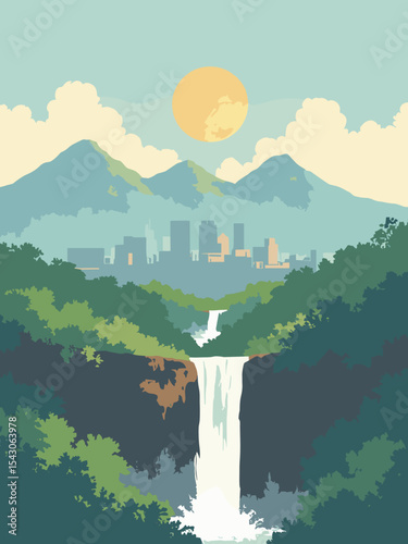 Congo, Dem Rep - Virunga Volcanoes, Boyoma Falls, Kinshasa skyline in jungle green, waterfall white, skyline grey, and earth brown