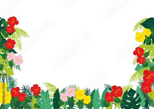 フラットデザインの南国葉っぱとハイビスカス素材フレーム3 Flat Tropical Frame: Leaves, Flowers