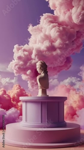  white stone sculpture in pink sky with abstract pink smoke