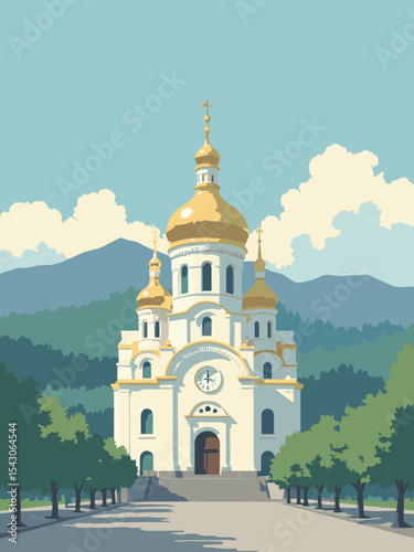 Ukraine - Saint Sophia Cathedral, Carpathian Mountains, Maidan Nezalezhnosti in cathedral gold, mountain green, square grey, and sky blue