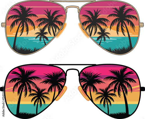 Two pairs of aviator sunglasses reflecting a tropical beach sunset with palm trees illustration