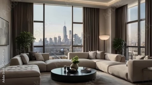 Modern living room interior with a stylish sofa, elegant furniture, and a bright window, showcasing a luxurious home design