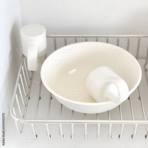 A single bowl and mug drying in the dish rack, clean and minimal.
