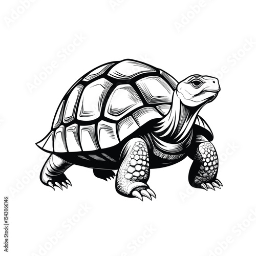 Detailed Black and White Giant Tortoise Ink Drawing: Realistic Reptile Vector Art for Wildlife, Longevity, and Nature-Themed Designs
