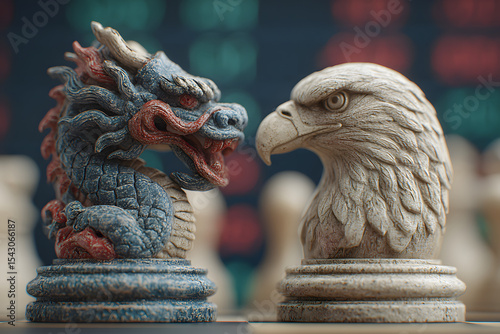 Chess pieces in the shape of a Chinese dragon and American bald eagle against a blurred background of stock quotes. Superpower confrontation and geopolitics concept. Digital illustration for poster
