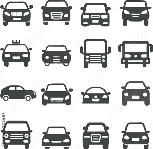 Minimalist vector collection of front-facing car icons in black silhouette style, representing various vehicle types for urban transport, traffic visuals, and automotive design themes