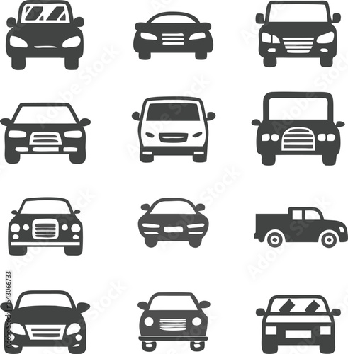 Comprehensive black silhouette vector set of diverse front view car icons on white background, ideal for transportation graphics, urban mobility apps, and automotive UI design