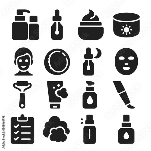 Facial Skincare Icons. Solid style icons of facial skincare routine: cleansing duo bottle set, essence drip bottle, anti-aging gel
