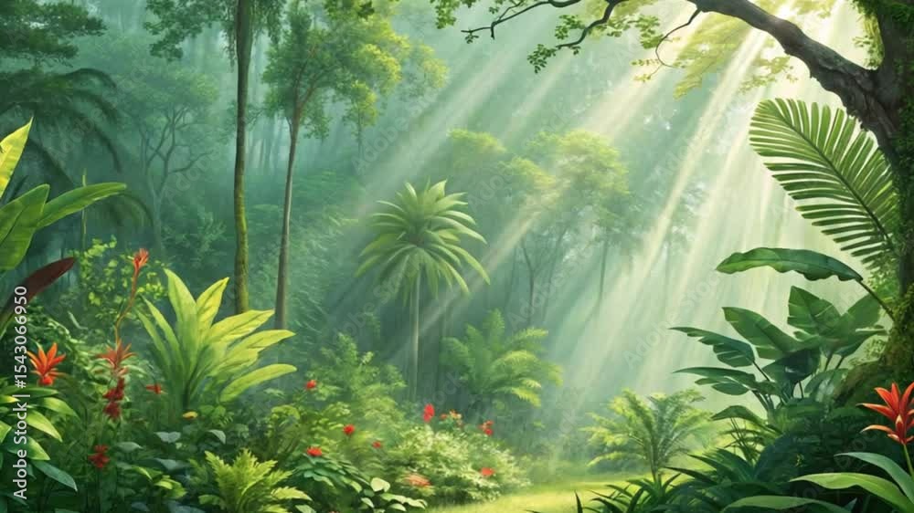 Lush Tropical Rainforest Sunlight Beams Through Canopy Dense Jungle ...