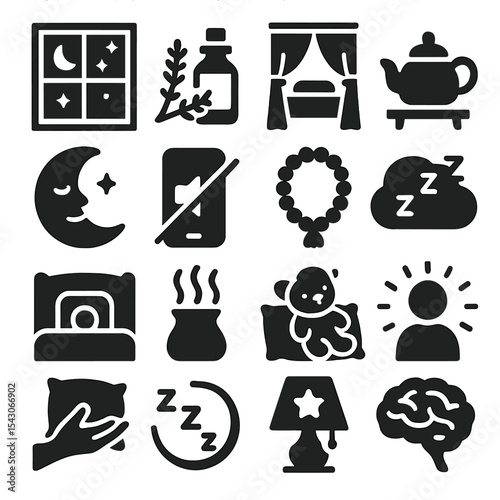Sleep and Relax Icons. Solid style icons of sleep and relaxation: starlit window with moon, lavender essential oil, closed curtain