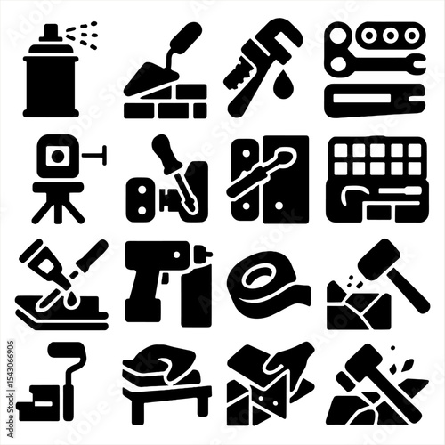 DIY Tools Icons. Solid style icons of DIY home improvement: paint spray can icon, brick layering tool, pipe wrench with droplet,