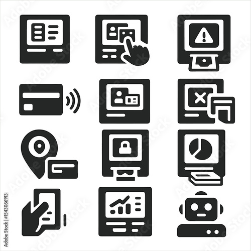 ATM Icons Collection. Solid style icons of ATM and banking: digital ledger on ATM screen, ATM keypad press icon, ATM money limit