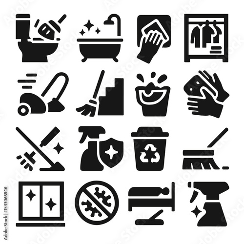 Solid Cleaning Icons. Solid style icons of home cleaning: toilet being scrubbed, bathtub cleaning symbol, surface polishing icon,