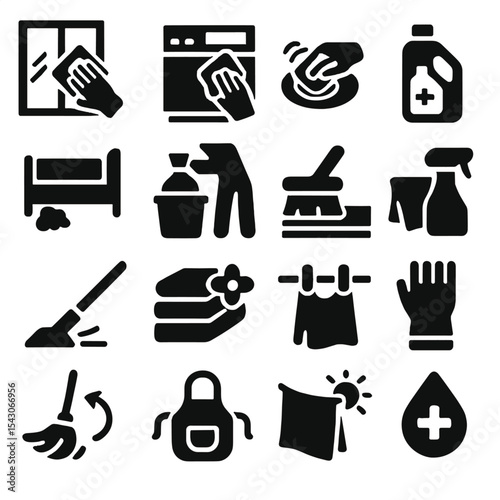 Home Cleaning Icons. Solid style icons of home cleaning: window edge sponge icon, appliance panel wipe icon, scrubbing motion over