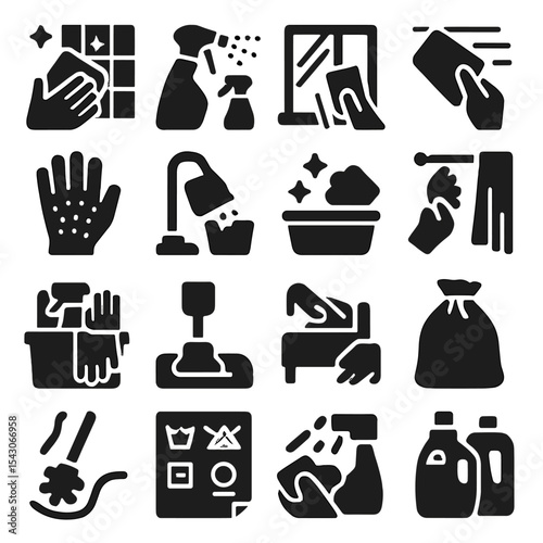 Home Cleaning Icons. Solid style icons of home cleaning: shower corner wipe icon, fabric freshener mist icon, window ledge cleaner