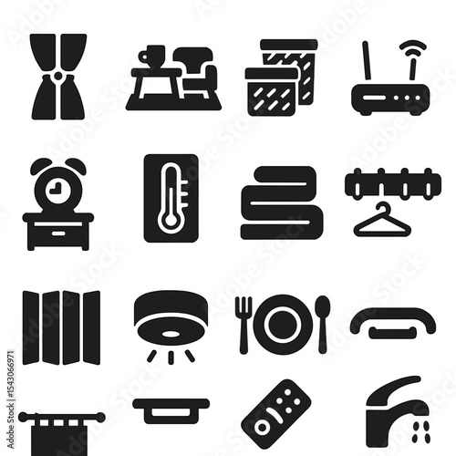 Home Essentials Icons. Solid style icons of home essentials: curtain tiebacks icon, rug under coffee table, storage basket set,