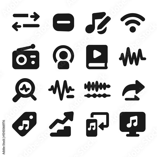 Music Player Icons. Solid style icons of music player interface: drag to reorder icon, track highlight icon, edit metadata icon,
