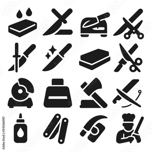 Blade Sharpening Tools. Solid style icons of blade sharpening: whetstone with water drops, sharpening steel with knife, electric