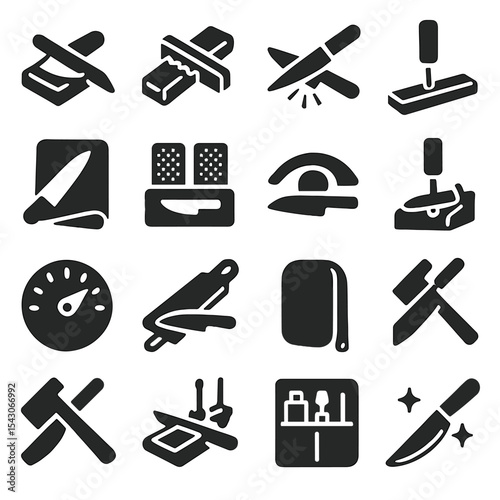 Blade Sharpening Tools. Solid style icons of blade sharpening: magnetic angle guide for sharpening, serrated knife slot tool,