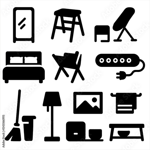 Home Essentials Icons. Solid style icons of home essentials: wardrobe mirror panel, foldable step stool, ironing board leaning on