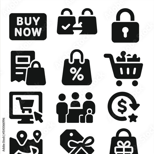 Shopping Icon Set. Solid style icons of shopping and retail: buy now button, product comparison icon, secure checkout lock,