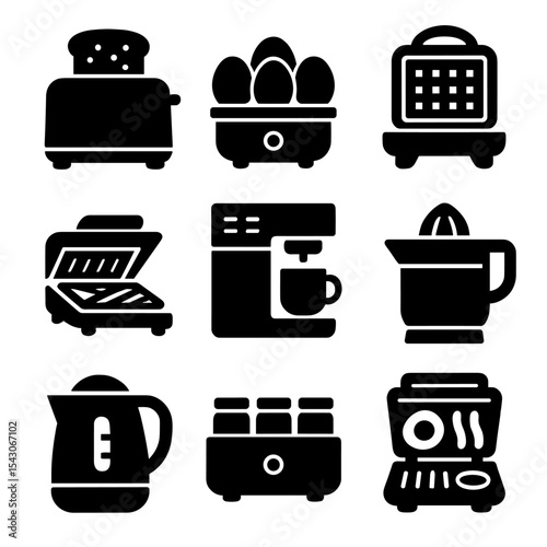 Breakfast Appliance Icons. Solid style icons of breakfast appliances: toaster, egg boiler, waffle maker, sandwich press, coffee