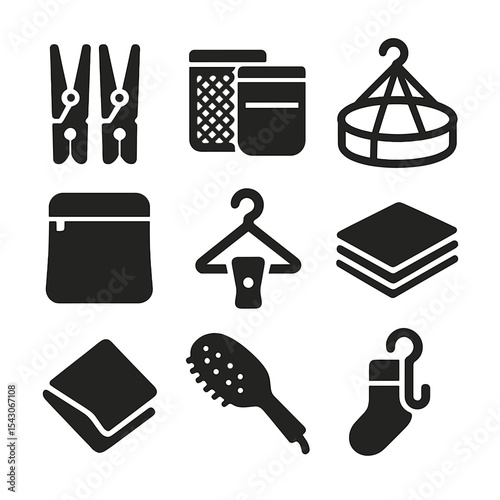 Laundry Accessories Icons. Solid style icons of laundry accessories: clothes pins, mesh bags, drying net, delicates bag, hanger