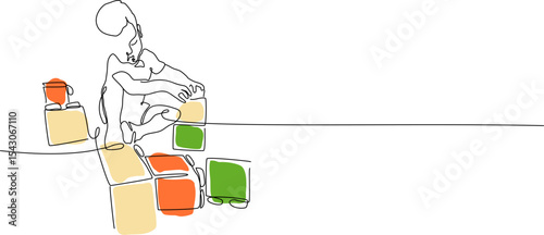 Continuous one line drawing with a boy plays with blocks. Vector single line illustration of a child plays with color blocks