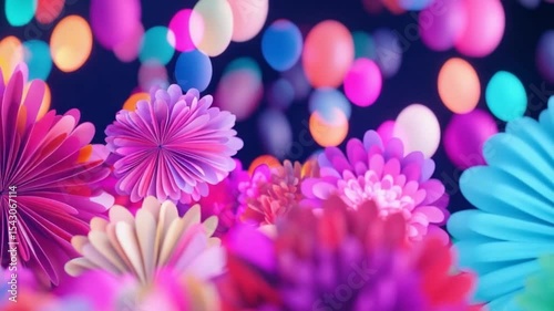 Vibrant paper flowers in various colors against a blurred colorful bokeh background