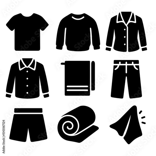Fabric Type Icons. Solid style icons of fabric types: cotton tee, wool sweater, silk blouse, denim jeans, polyester shirt, linen