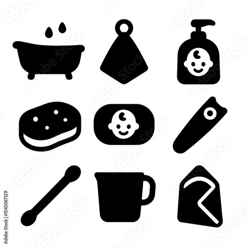Baby Hygiene Icons. Solid style icons of baby hygiene: baby bathtub, washcloth, baby shampoo, soft sponge, baby soap, nail trimmer