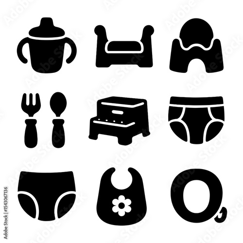 Toddler Transition Icons. Solid style icons of toddler transition items: training cup, booster seat, potty chair, toddler utensils