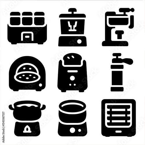 Specialized Food Makers. Solid style icons of specialized food makers: yogurt maker, ice cream machine, pasta roller, pizza oven,