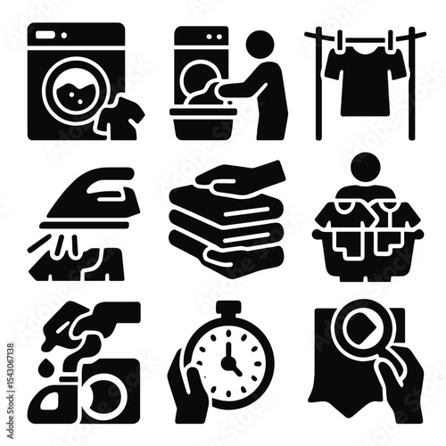 Laundry Task Icons. Solid style icons of laundry tasks: washing clothes, loading machine, hanging laundry, ironing shirt, folding