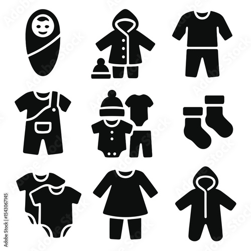 Baby Clothing Icons. Solid style icons of baby clothing sets: newborn bundle, seasonal outfit, pajama set, daywear combo, romper