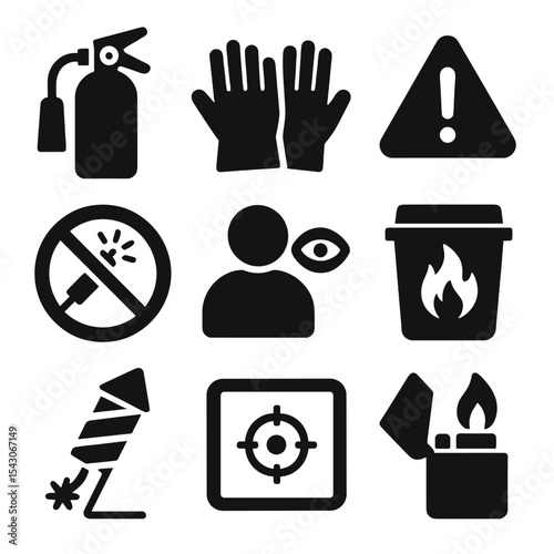 Firework Safety Icons. Solid style icons of firework safety: fire extinguisher, safety gloves, warning sign, no spark area,