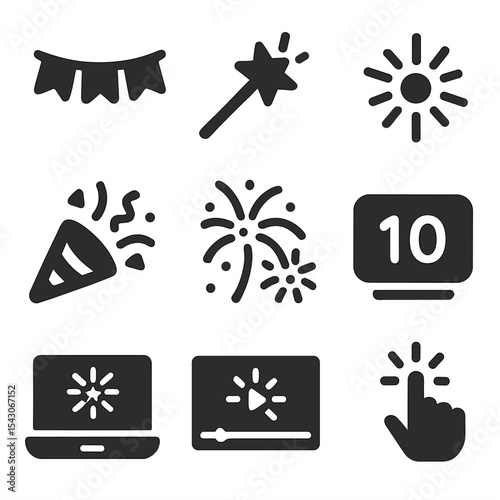 Digital Celebration Icons. Solid style icons of digital celebration graphics: celebration banner, animated spark, firework emoji,