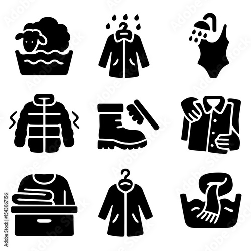 Seasonal Clothing Care Icons. Solid style icons of seasonal clothing care: wool wash, coat drying, swimsuit rinse, down jacket