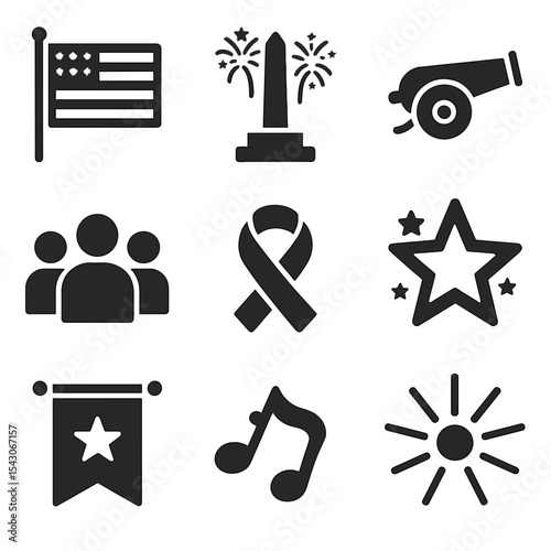 Patriotic Celebration Icons. Solid style icons of patriotic celebration: national flag, fireworks over monument, salute cannon,