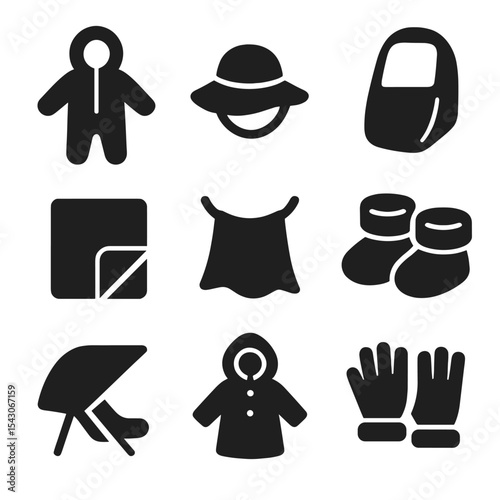 Seasonal Baby Gear Icons. Solid style icons of seasonal baby gear: winter suit, sun hat, rain cover, fleece blanket, cooling cloth