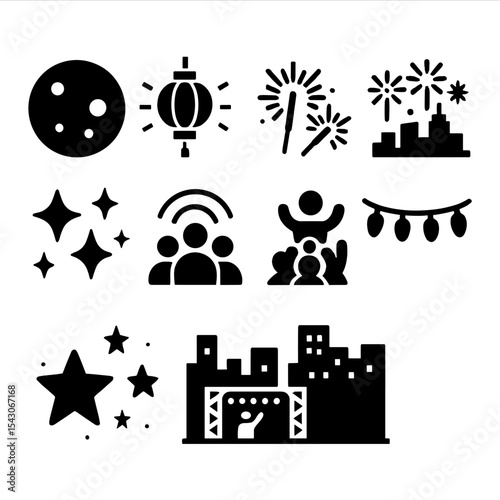 Festival Night Icons. Solid style icons of festival night: full moon, lantern light, sparklers, skyline fireworks, glowing stars,