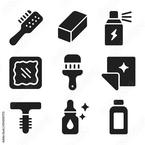 Suede and Nubuck Care. Solid style icons of suede and nubuck care: suede brush, nubuck eraser, cleaner spray, suede block, nap